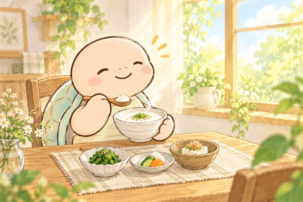 お粥をおいしそうに食べる亀のナビ助