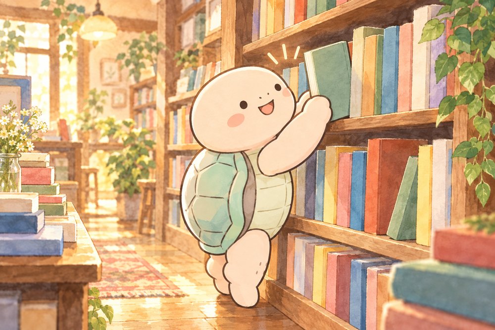 本屋さんで本を手に取りわくわくするナビ助