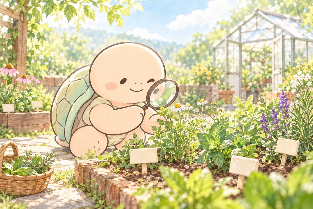 薬草園で虫めがねを使い薬草を観察するナビ助
