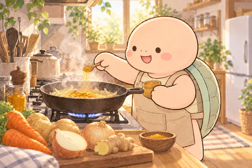 フライパンにターメリックを加えてカレーを作る亀のナビ助