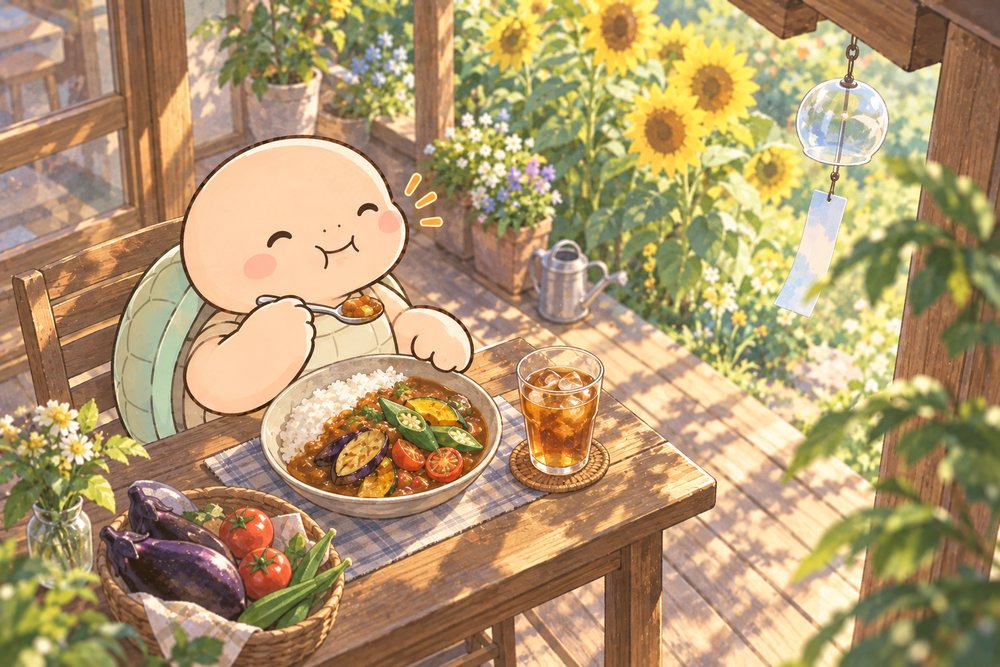 テラス席で夏野菜カレーをほおばる亀のナビ助