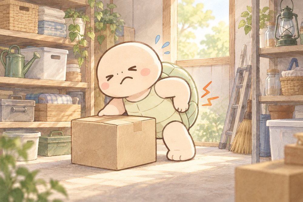 段ボールを持ち上げようとして腰を押さえるナビ助