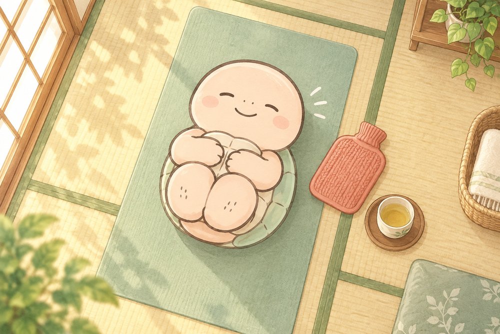 畳のマットで膝を抱えて腰を伸ばすナビ助