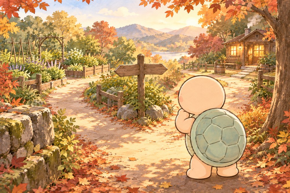 分かれ道でどちらへ進むか考える亀のナビ助