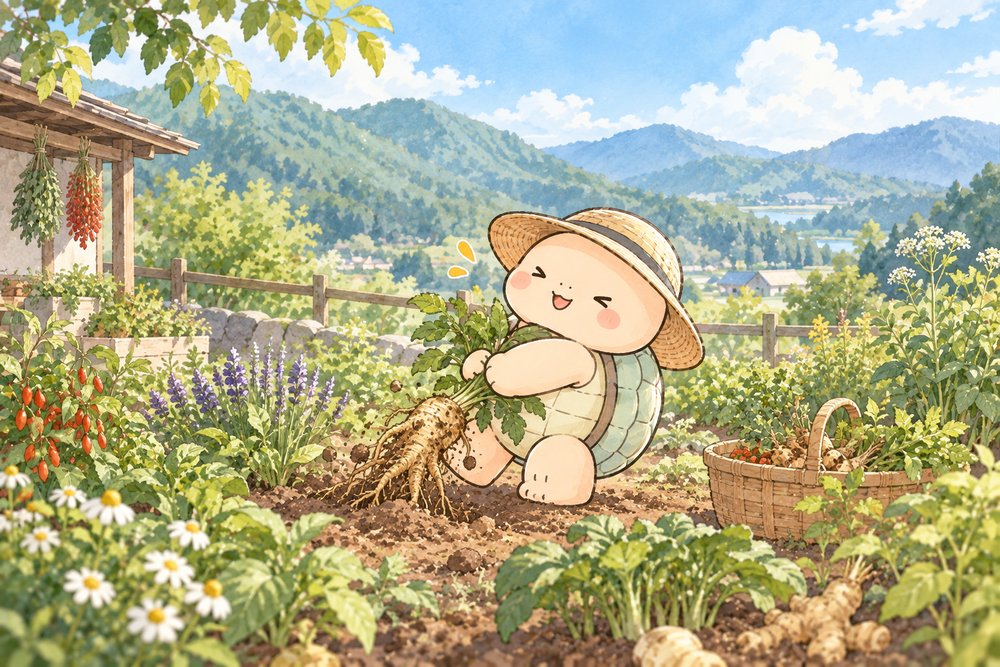 薬草畑で生薬の根を引き抜く亀のナビ助