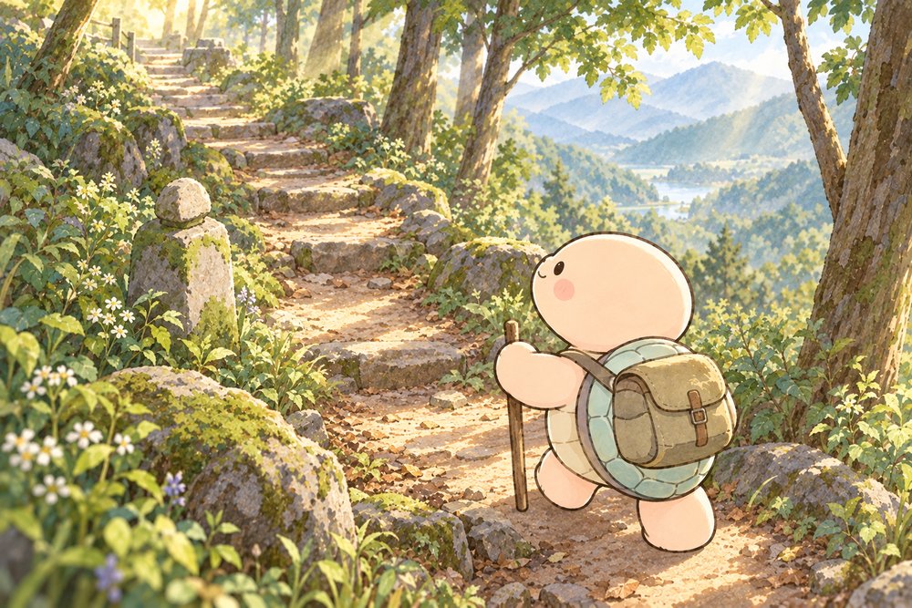 森の小道を杖をついて一歩ずつ歩く亀のナビ助