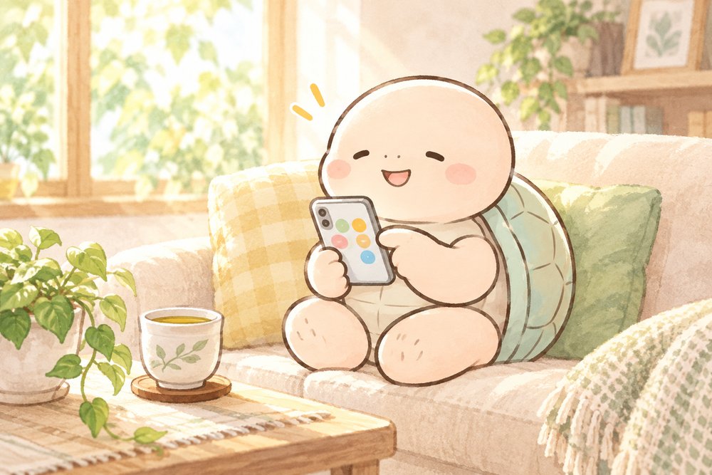 ソファでスマホの体質診断をタップするナビ助