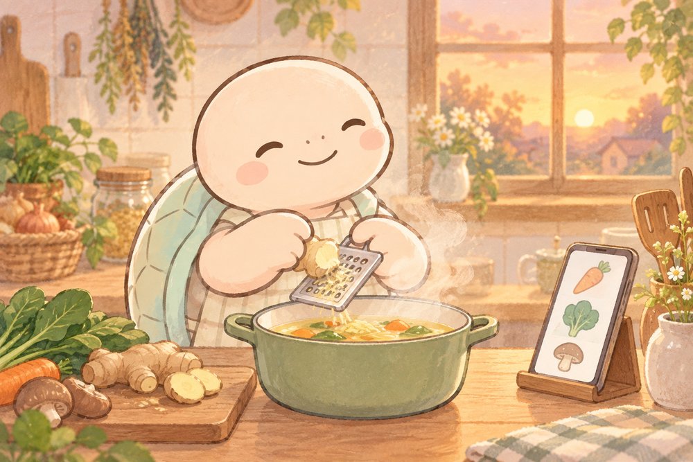 スマホを見ながらしょうがスープを作るナビ助