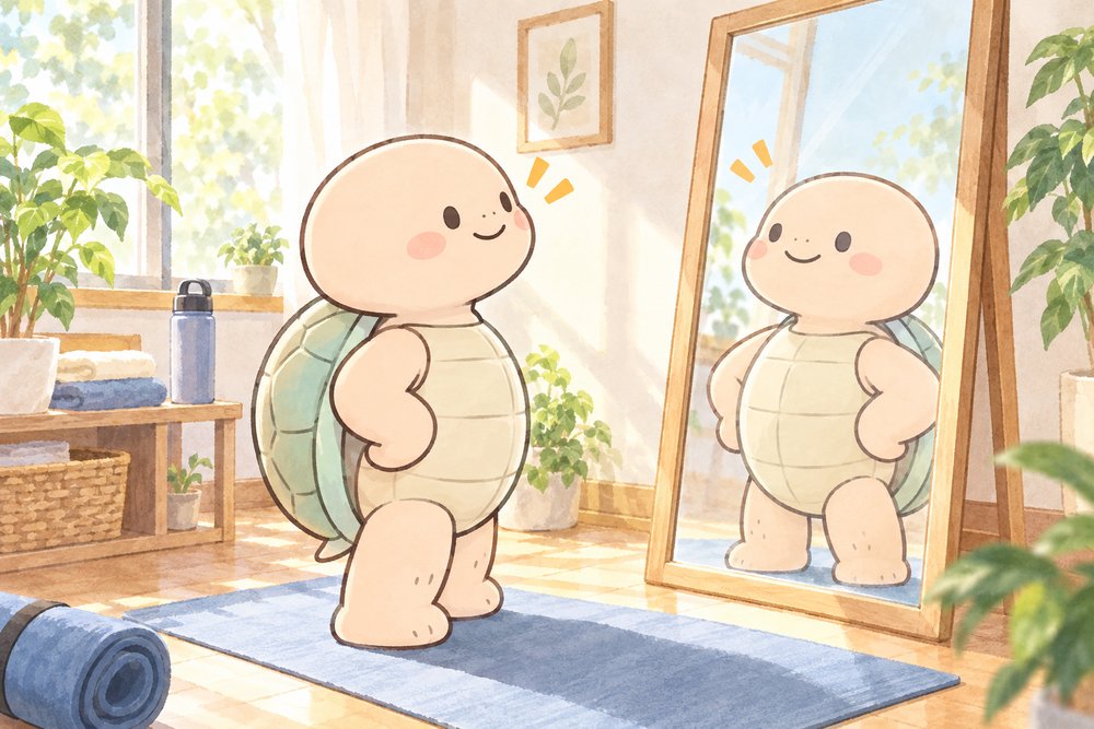 全身鏡の前で背筋を伸ばし姿勢を確認するナビ助