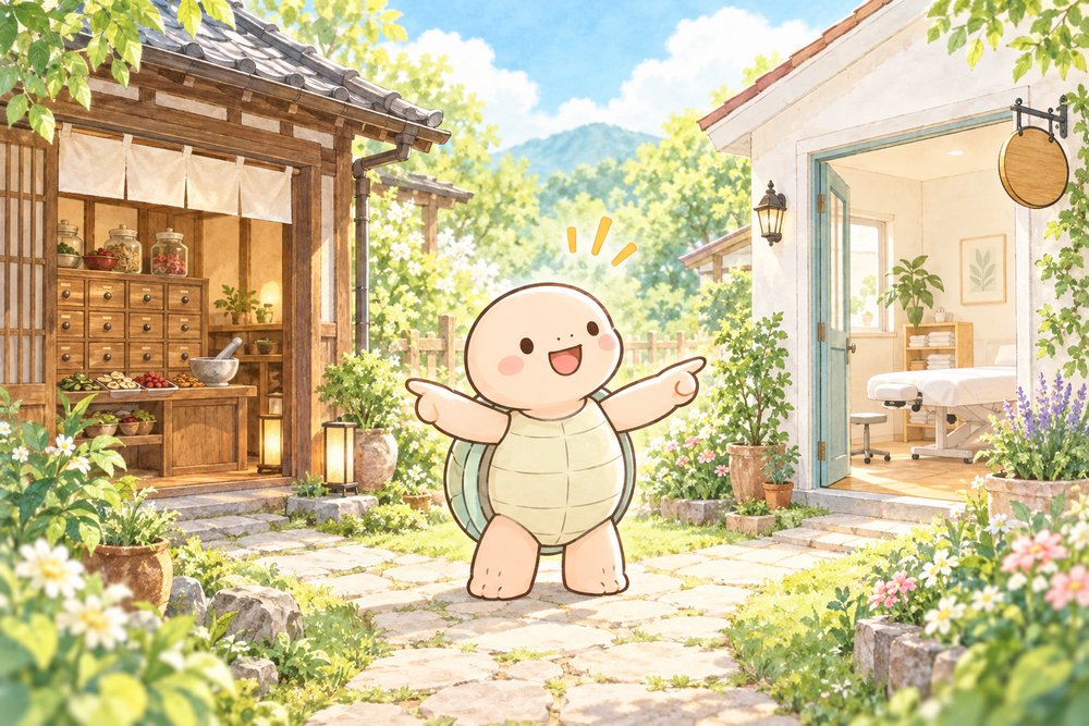和風と洋風の施術院を指さして比べるナビ助