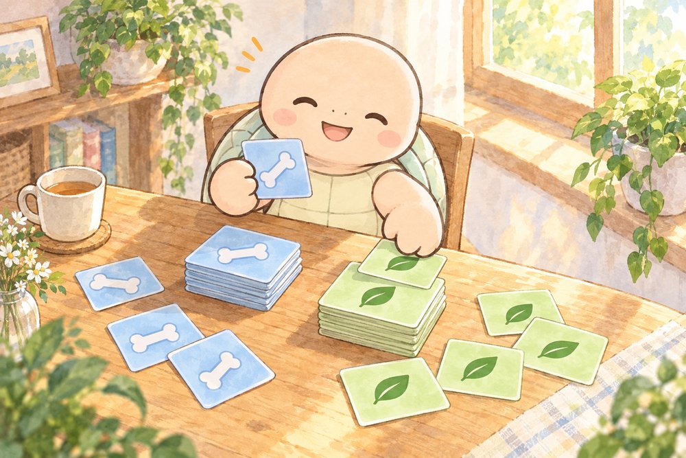 骨と葉っぱのカードを仕分けて使い分けを考えるナビ助