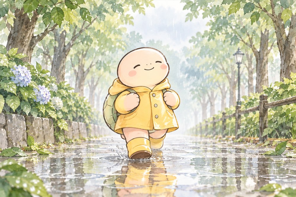 レインコートで雨の並木道を元気に歩く亀のナビ助