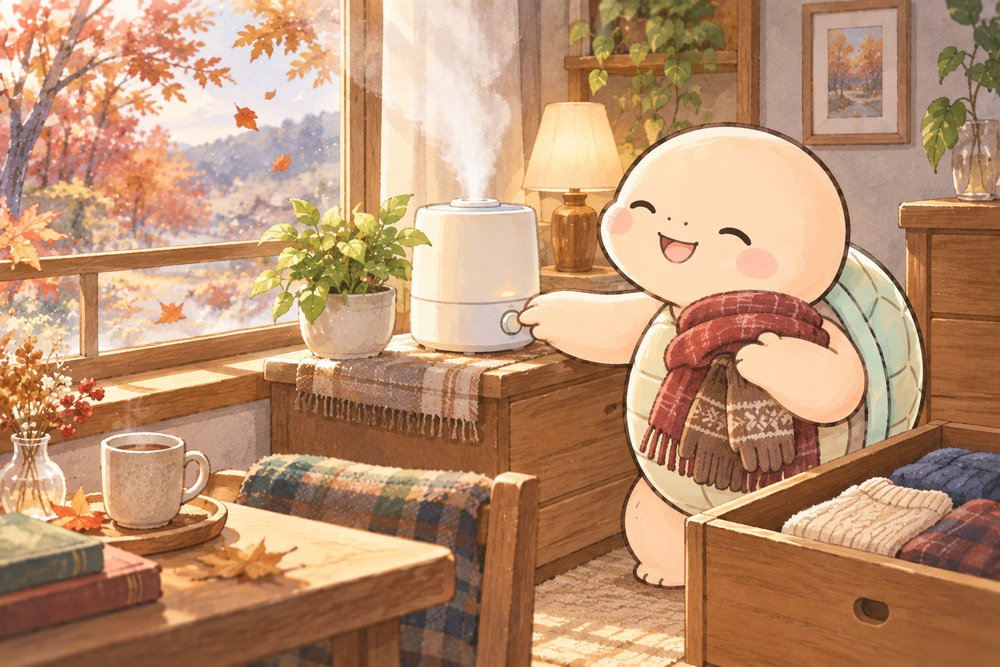 冬じたくを始める亀のナビ助