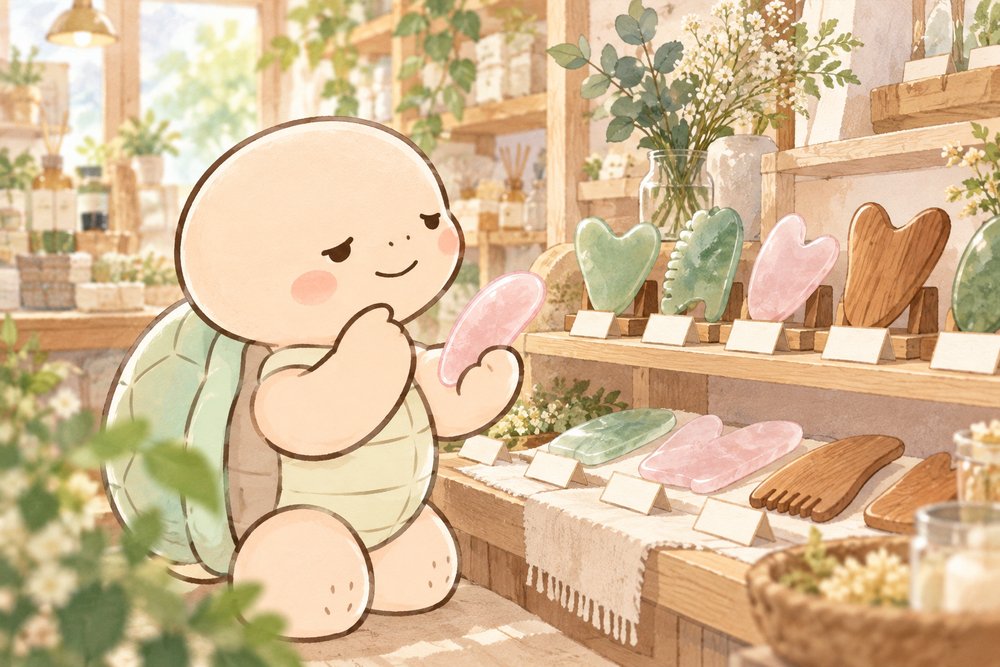 雑貨店でいろいろなかっさプレートを見比べるナビ助