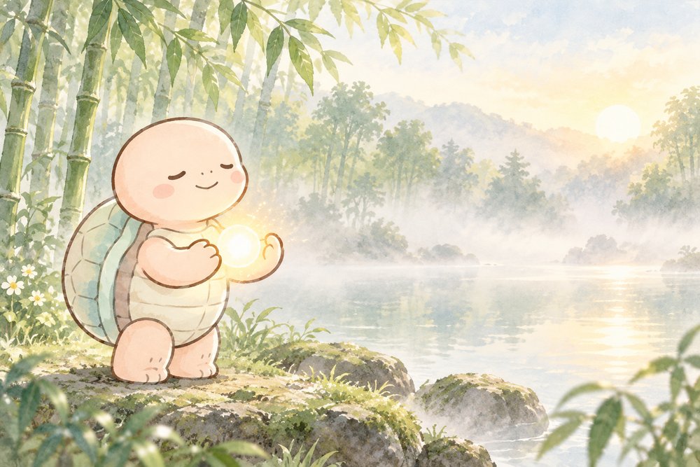 朝もやの池のほとりで光の球を包むように気功するナビ助