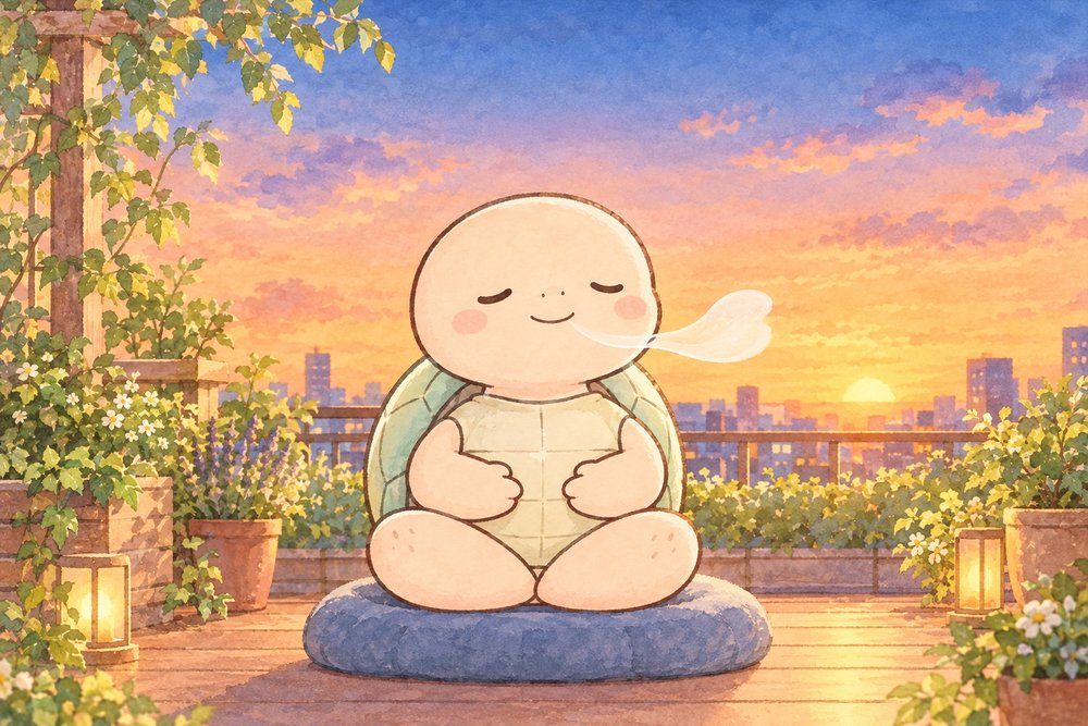 夕暮れの屋上庭園で腹式呼吸をするナビ助