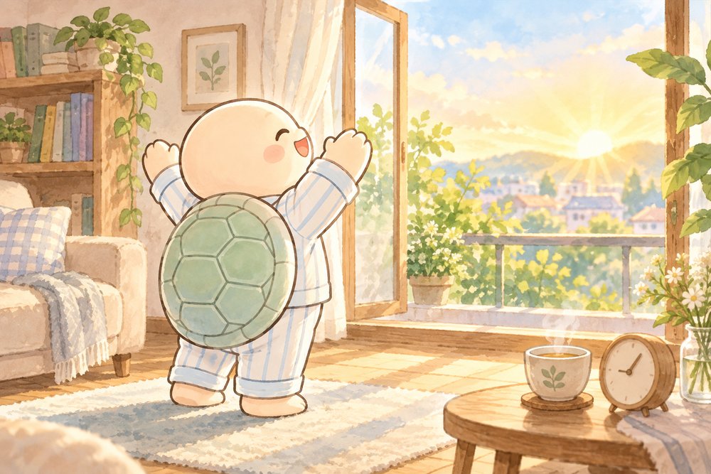 パジャマ姿で朝日に向かって腕を伸ばすナビ助