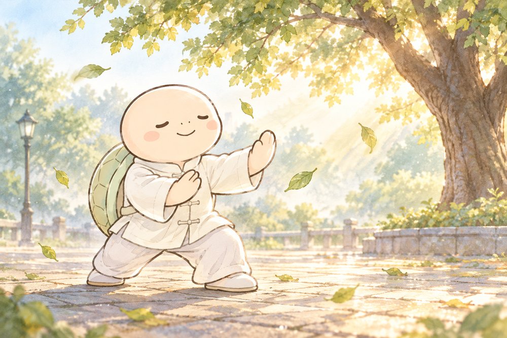 早朝の公園でゆるやかに太極拳をするナビ助