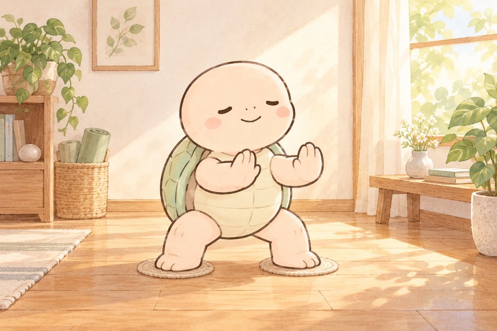 部屋で腰を落として太極拳の基本の構えをとるナビ助