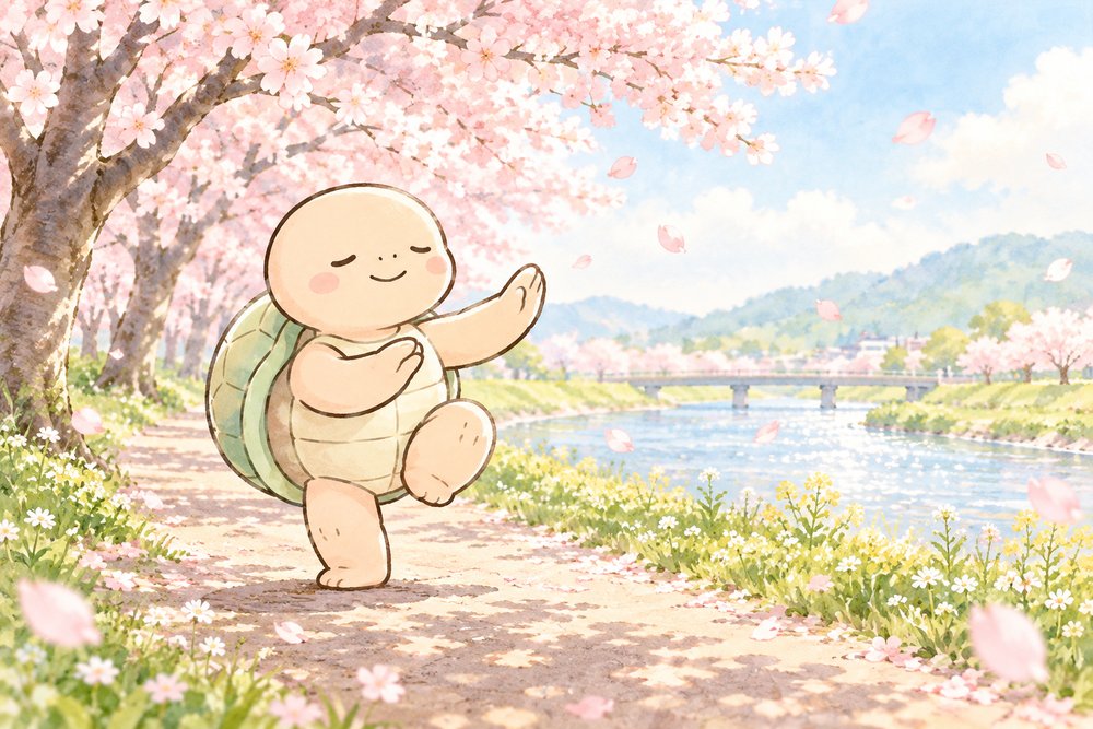 桜並木の川沿いで片足を上げてバランスをとるナビ助