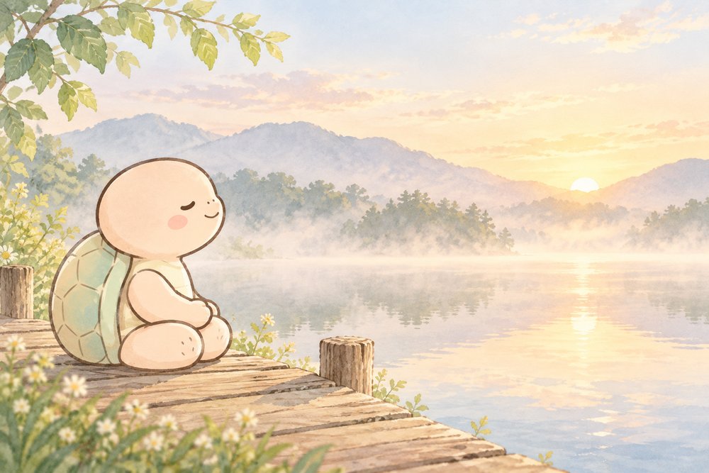 湖のほとりで静かに瞑想する亀のナビ助