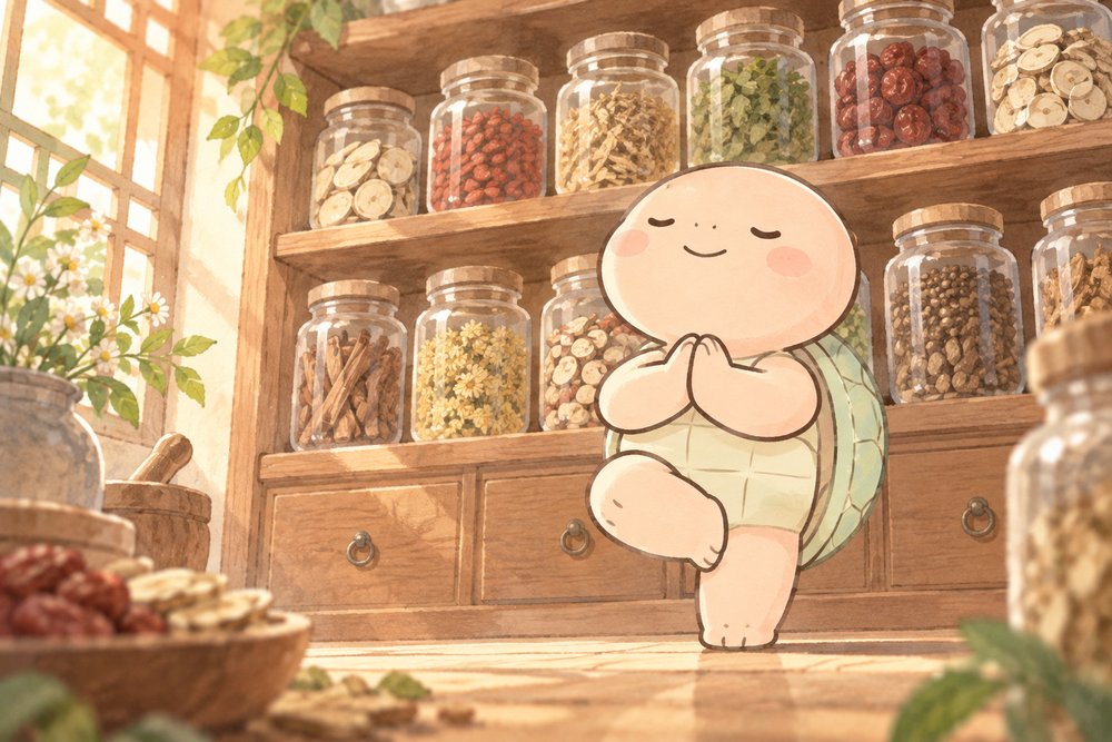 生薬の棚の前でヨガの木のポーズをとる亀のナビ助