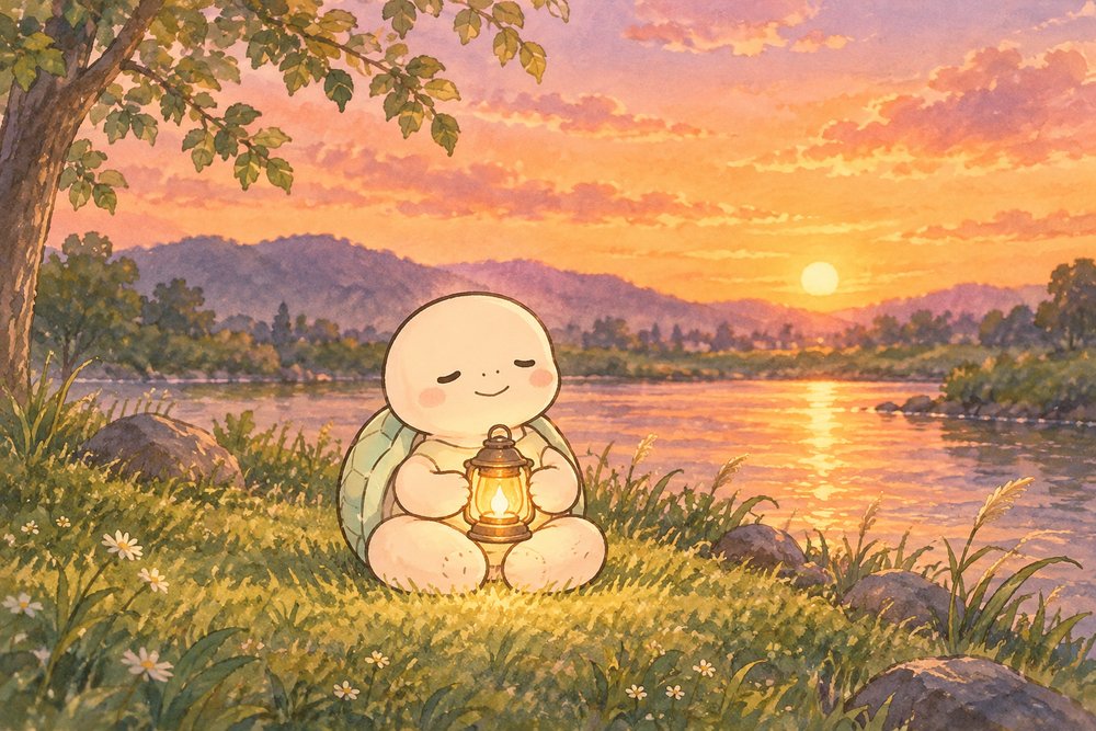 夕暮れの川べりでランタンを手におだやかに座る亀のナビ助