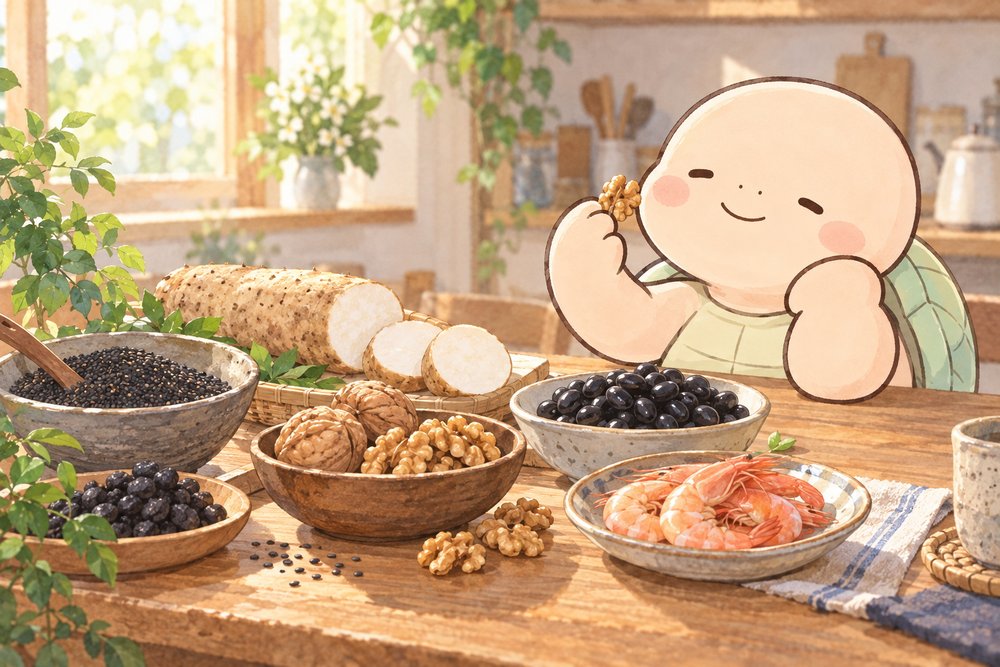 黒ごまやくるみなどの食材を前にほほえむ亀のナビ助