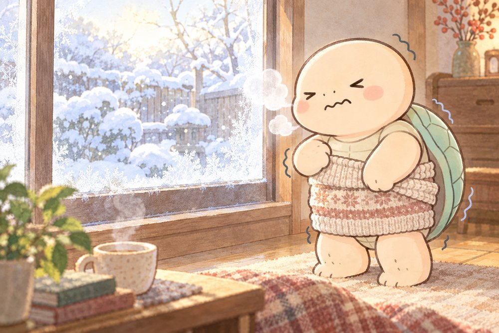冬の窓辺で腹巻きを巻いて身ぶるいする亀のナビ助