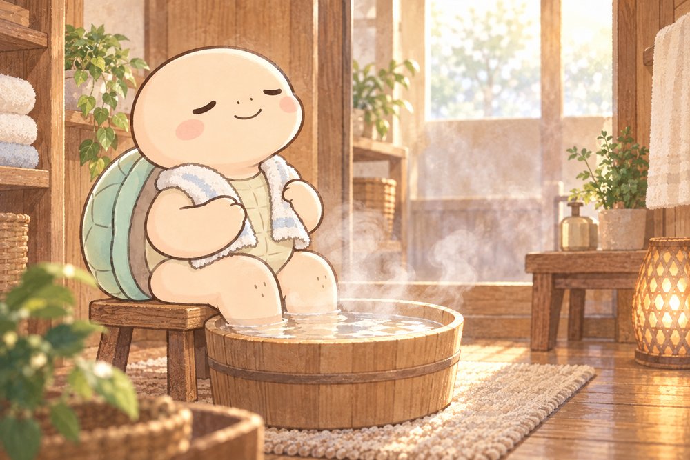 たらいの足湯でほっとひと息つく亀のナビ助