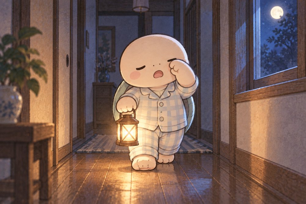 真夜中の廊下をランタンを持って歩く亀のナビ助