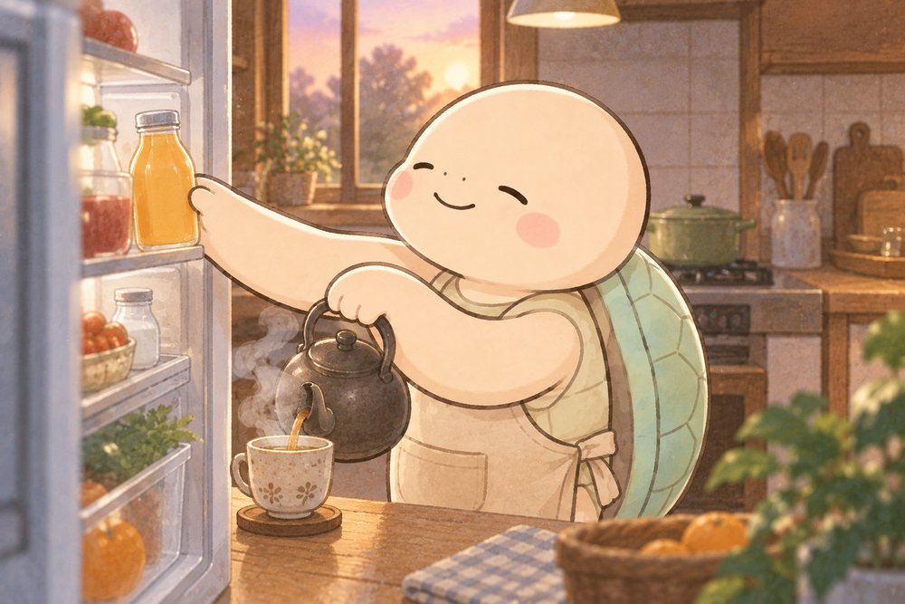 冷たい飲み物をやめて温かいお茶を注ぐ亀のナビ助