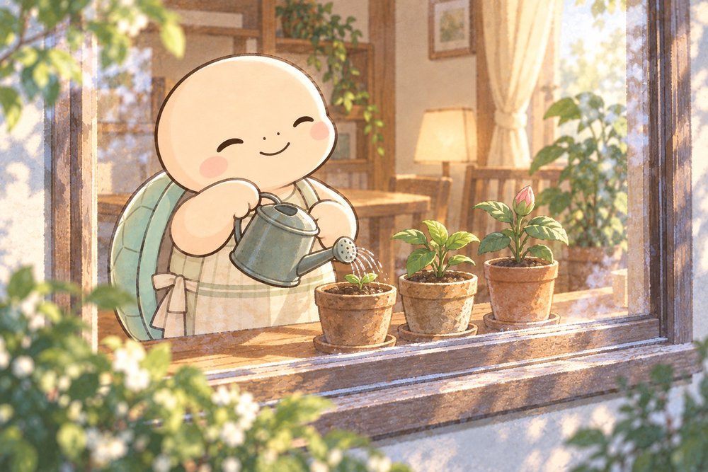 窓辺の鉢植えに水をやって成長を見守る亀のナビ助