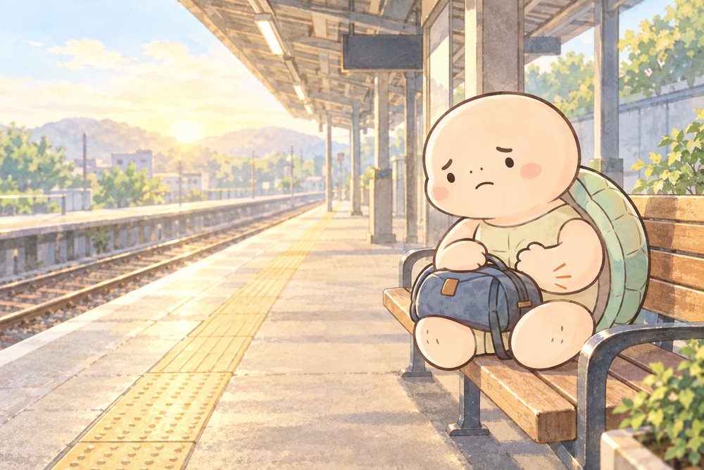 朝の駅のホームでおなかを押さえる亀のナビ助