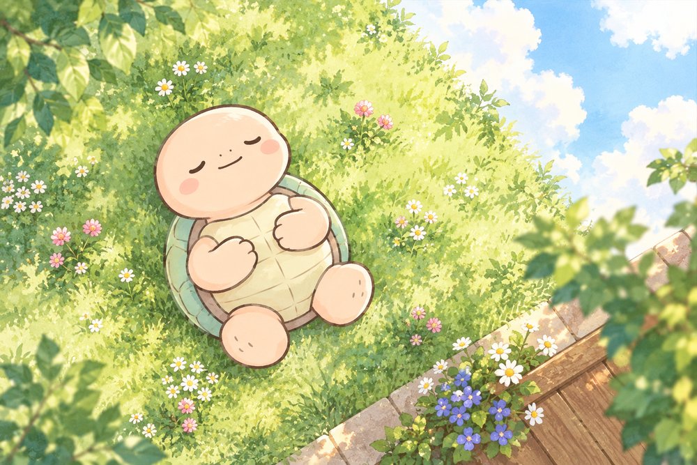 芝生にあおむけになっておなかで深呼吸する亀のナビ助