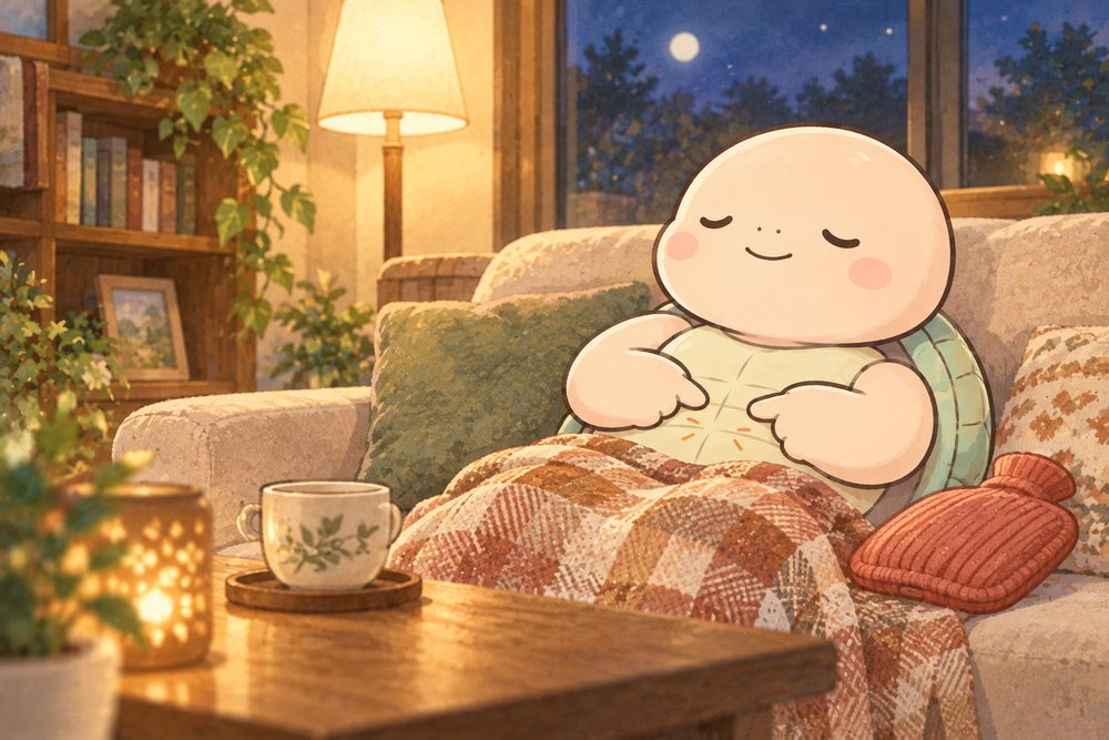 ソファでおへそ横のツボを押す亀のナビ助