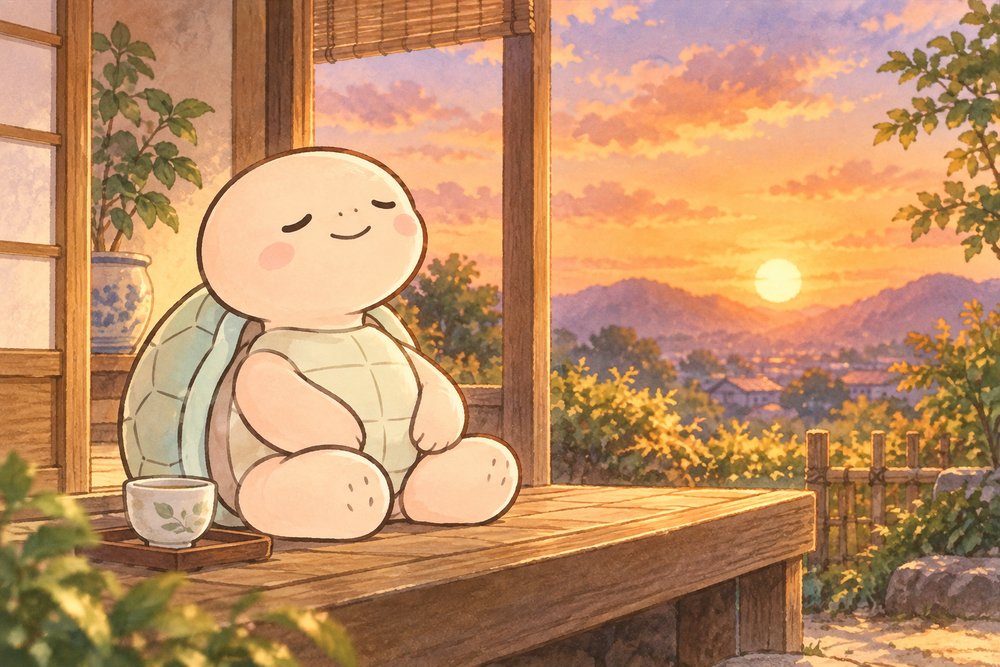 夕暮れの縁側で深呼吸してリラックスする亀のナビ助