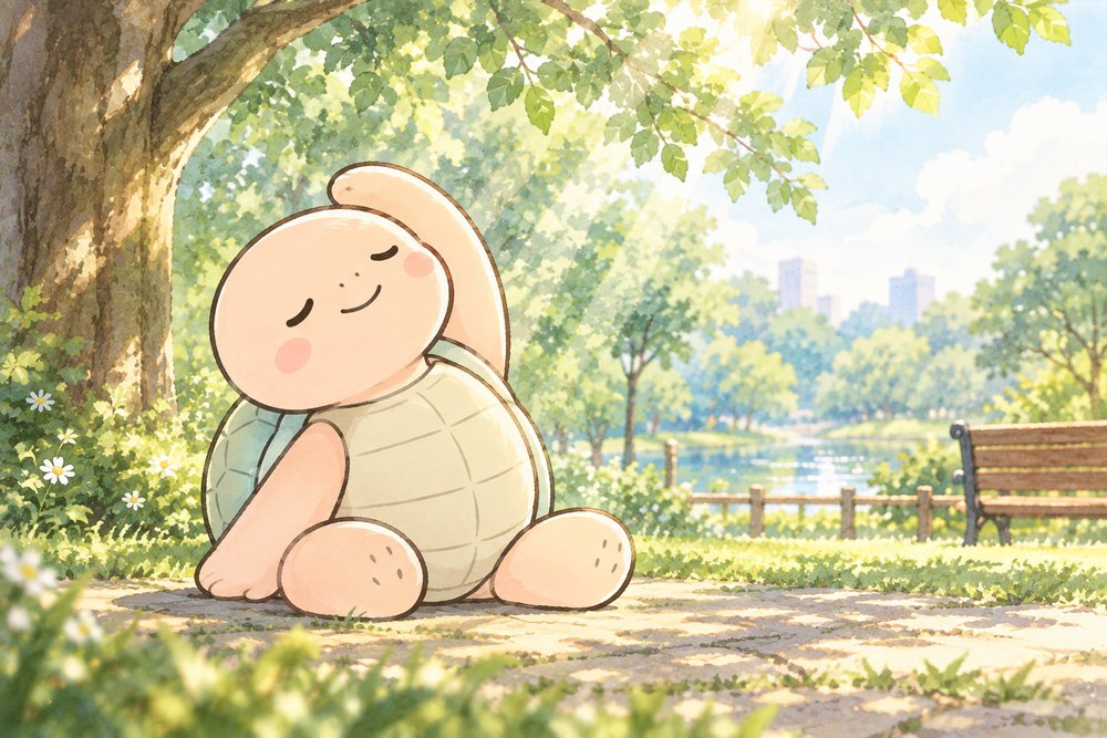 朝の公園でのんびりストレッチする亀のナビ助