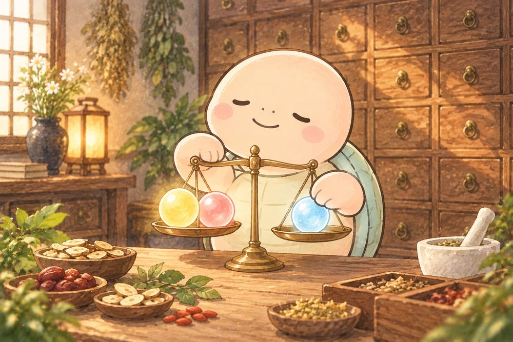 天秤で3つの光る玉のバランスを整える亀のナビ助