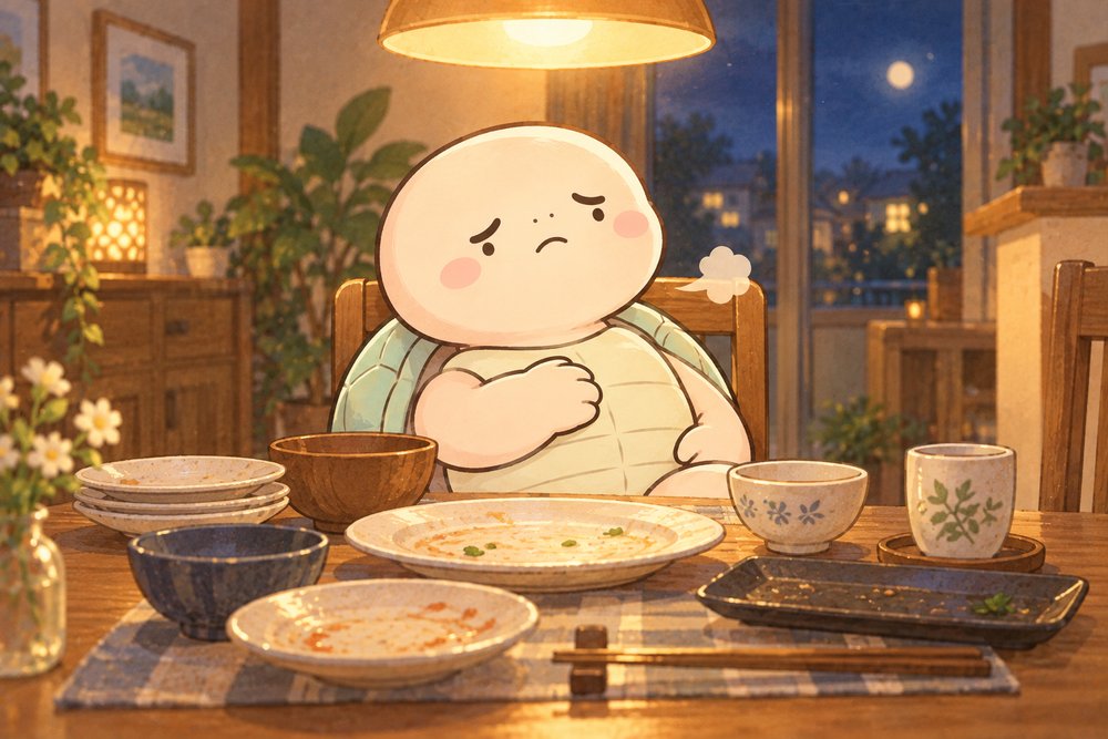 食べすぎて胸を押さえる亀のナビ助