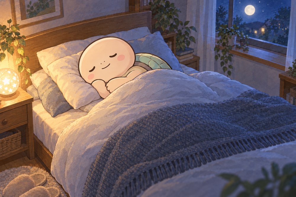 まくらを高めにして眠る亀のナビ助