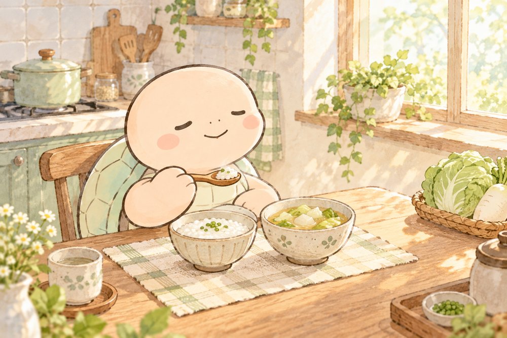 やさしいスープとおかゆをよくかんで味わう亀のナビ助