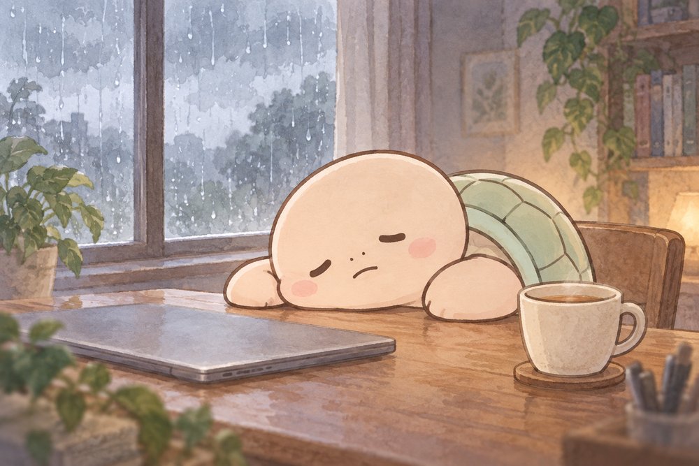 雨の日の机につっぷしてぐったりする亀のナビ助