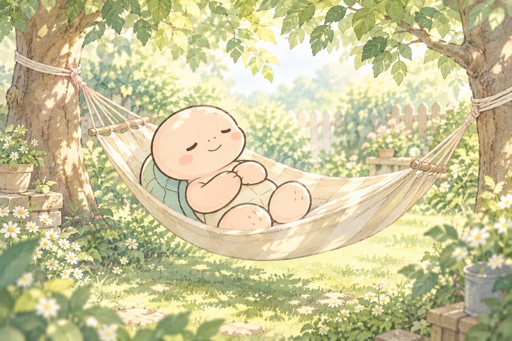 木陰のハンモックでうとうと昼寝する亀のナビ助