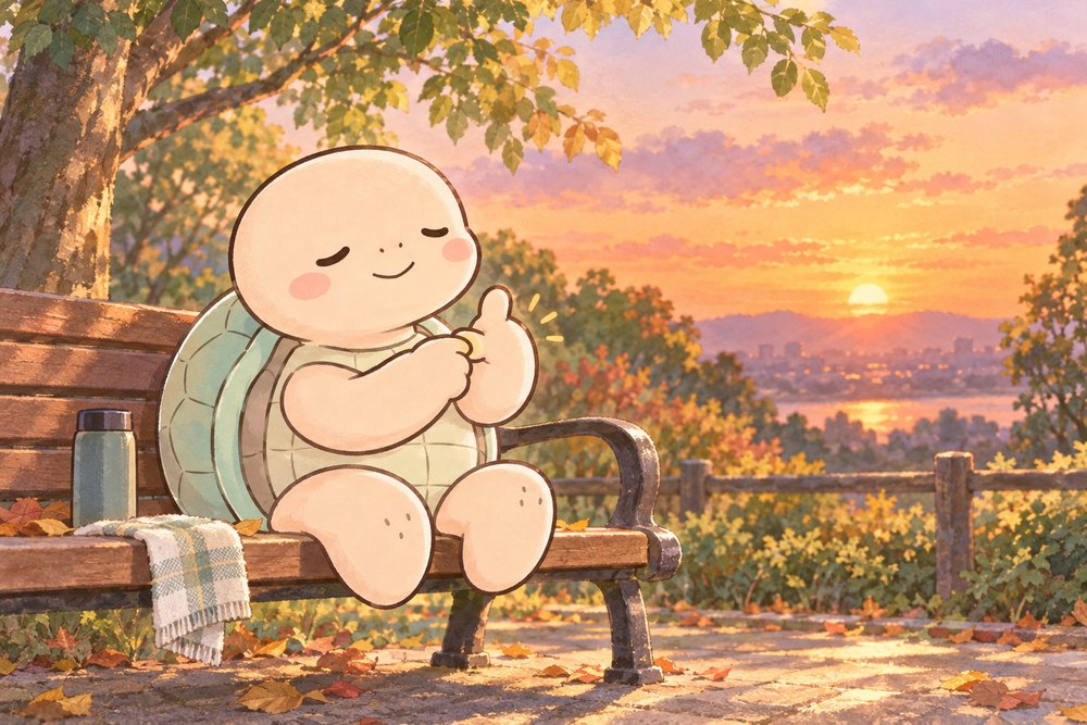 夕方の公園のベンチで手のツボを押す亀のナビ助
