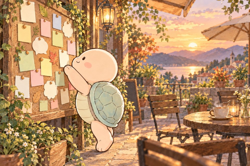 掲示板に貼られたたくさんの声を眺める亀のナビ助