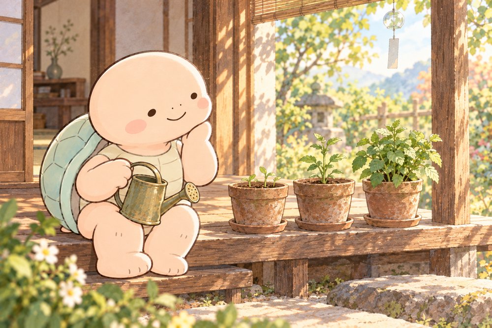 縁側で薬草の鉢植えを見比べる亀のナビ助