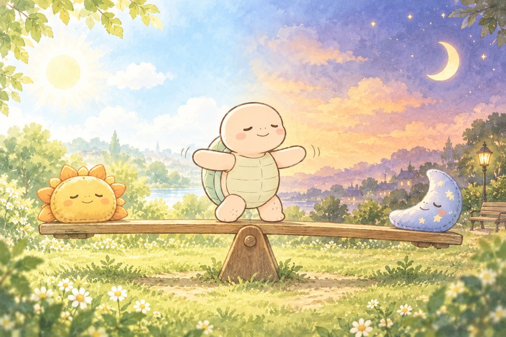 太陽と月のシーソーでバランスをとるナビ助