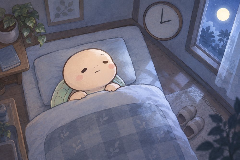 真夜中の寝室で眠れず天井を見つめるナビ助