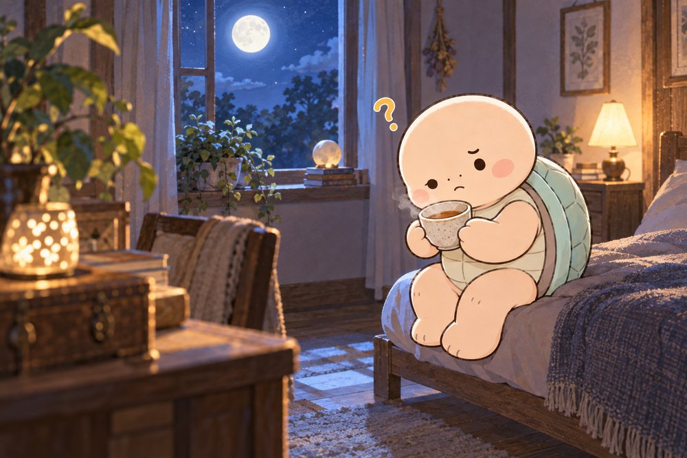 夜の寝室で湯のみをのぞきこんで首をかしげる亀のナビ助